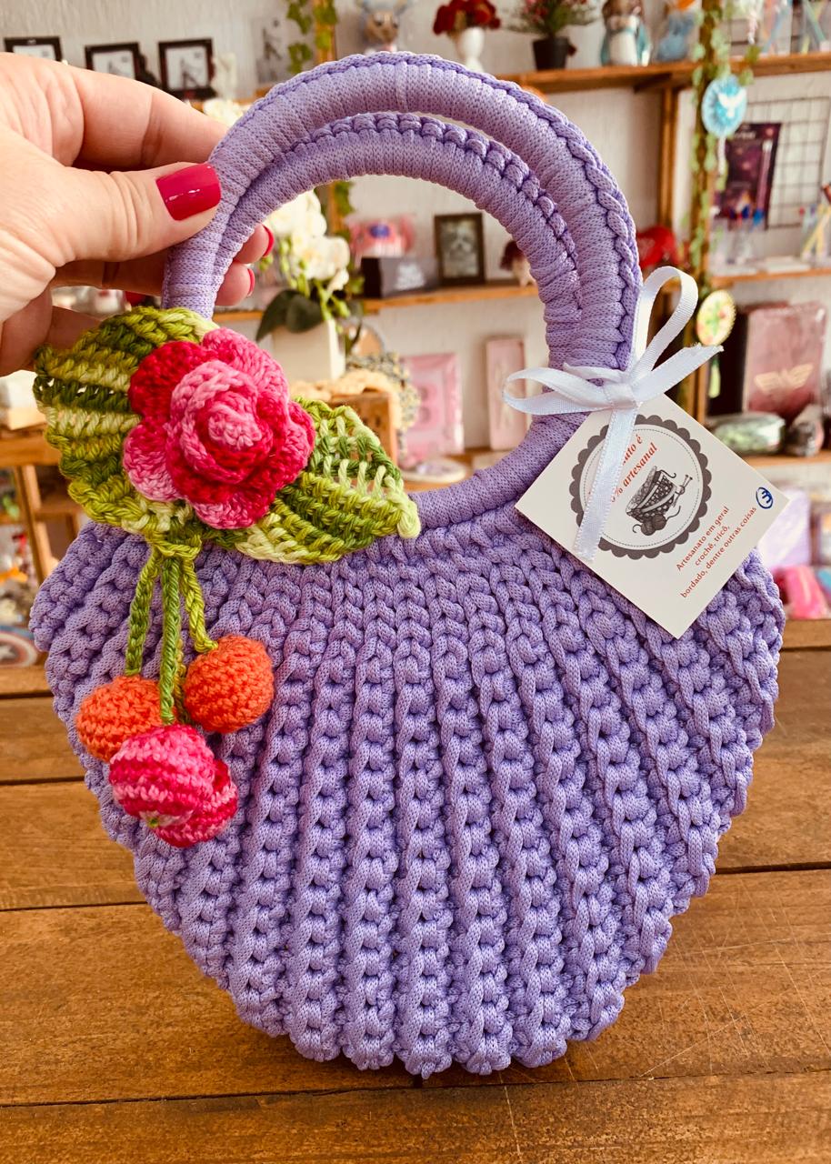 BOLSA LAVANDA COM ROSA E FOLHA