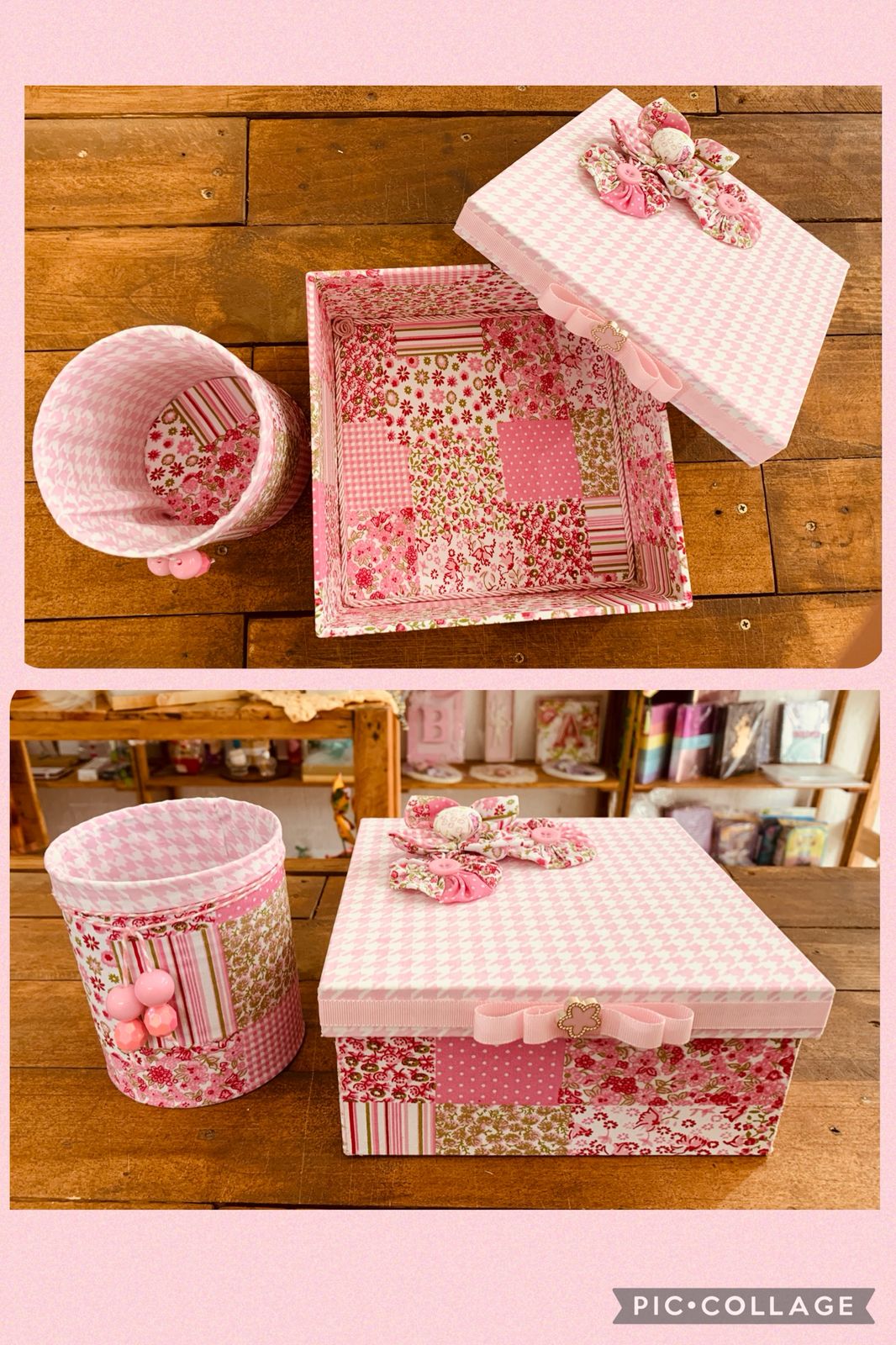 CAIXA DECORADA 18X18 C/ TECIDO E FUXICO TAMPA SAPATO MDF ROSA