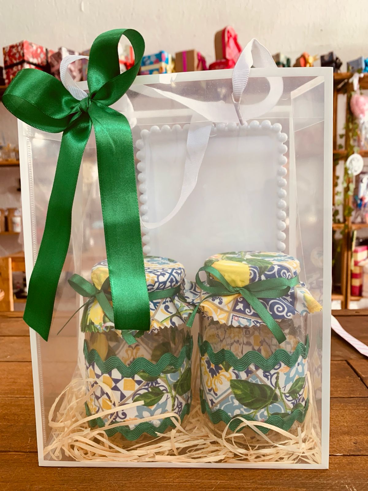 BAG C/ 2 POTES DE VIDRO LIMÃO SICILIANO C/ BANDEJA BRANCA