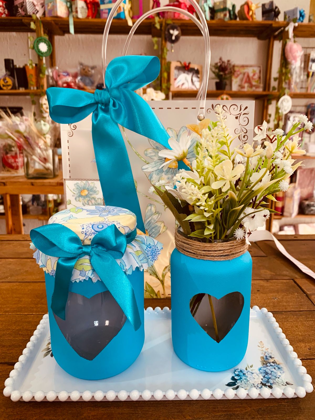 BAG FLORAL AZUL C/ 2 POTES DE VIDRO COM BANDEJA BRANCA